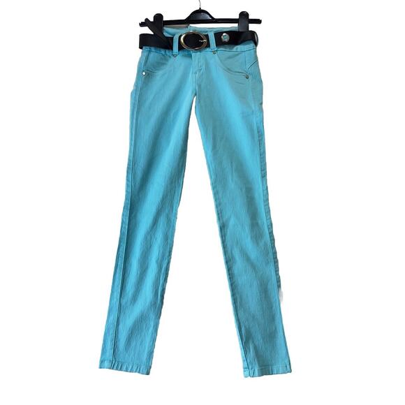 BonBonUp Butt Lifter Jeans Womens 8 Turquoise Black Belt Stretch 2024 Columbia - Picture 1 of 16